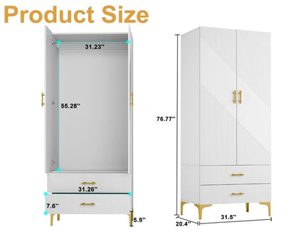 Wardrobe Armoire with 2 Drawers, 2 Doors and Hanging Rods, Twill Wooden Closet Storage with Metal Cabinet Legs, White