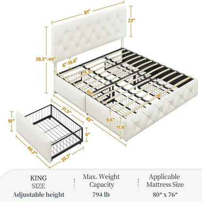 Faux Leather Platform Bed with Mattress Foundation and 4 Drawers