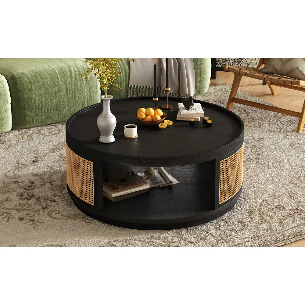36.8''  Wooden Table, Round Cane Coffee Table with PE Rattan Side for Living Room,Brown