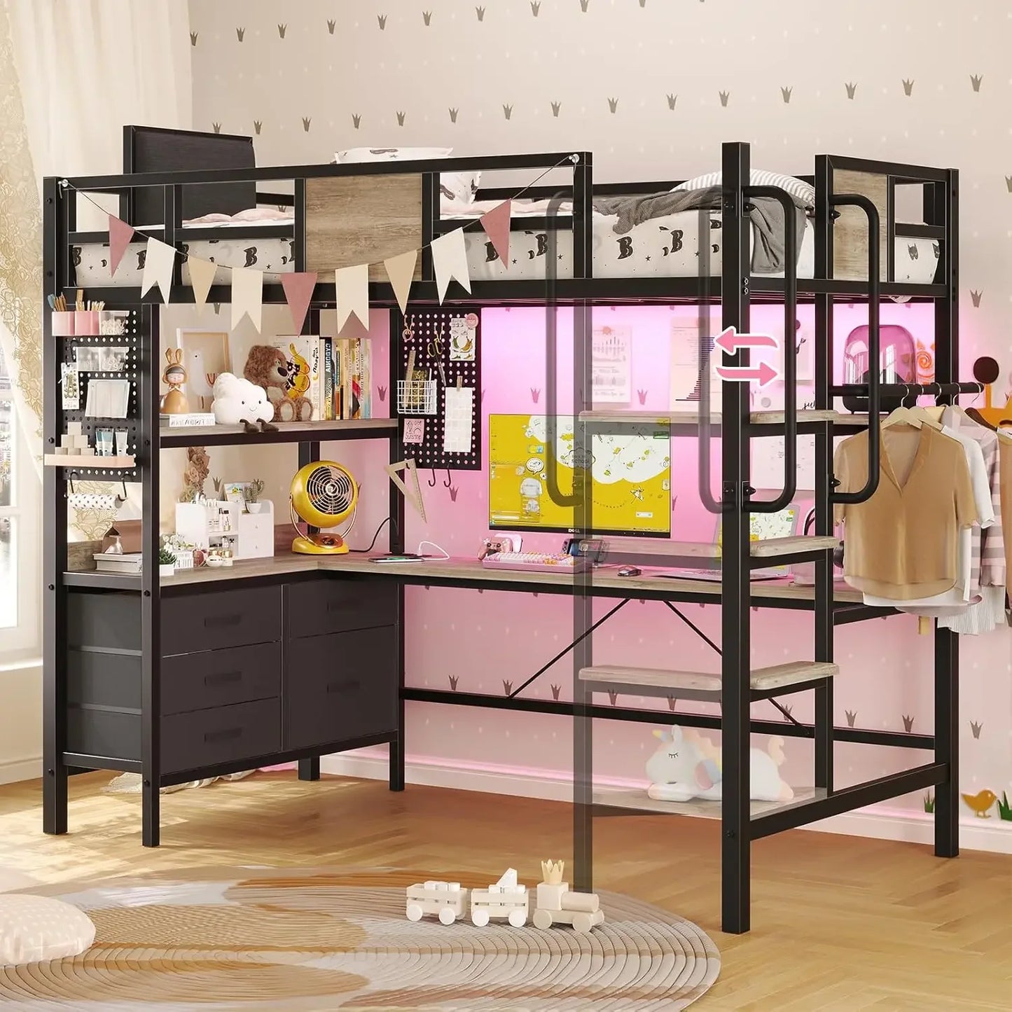 Loft Bed Twin Size with L Shaped Desk and Storage