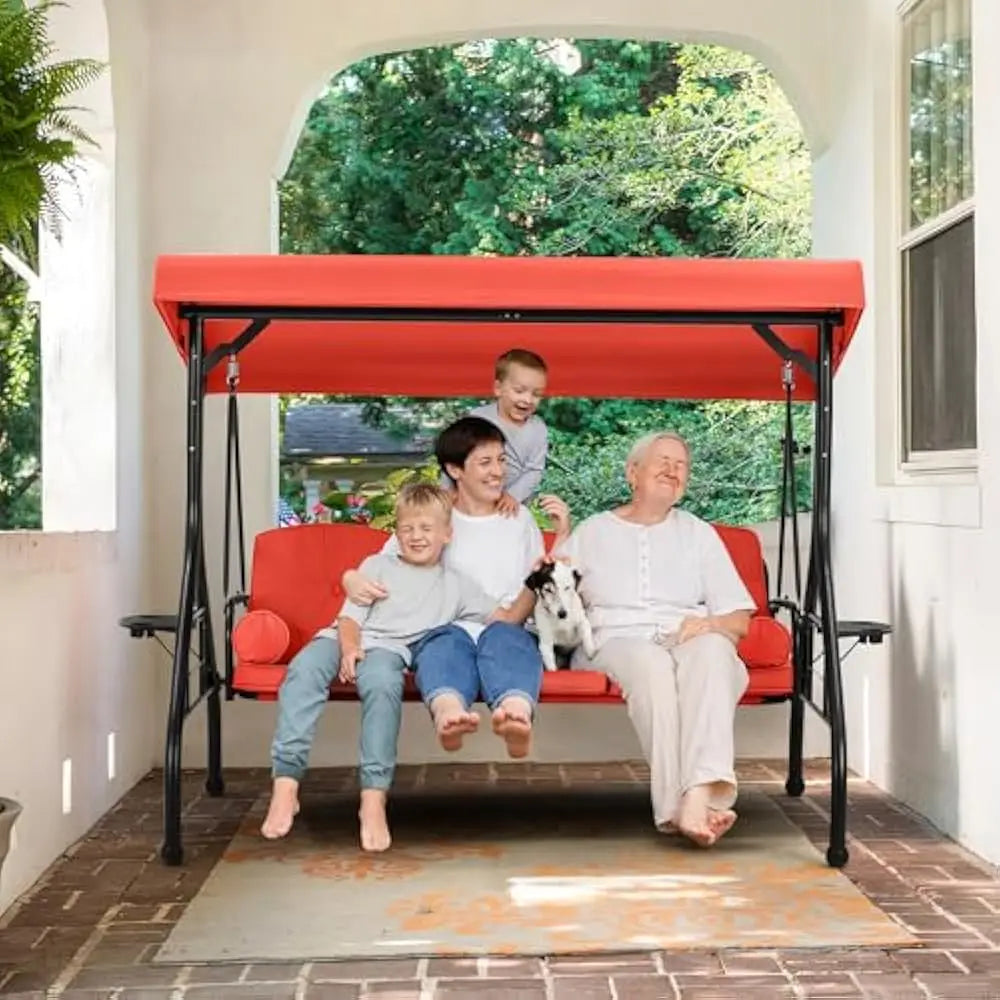 3 Seat Porch Swing W/Adjustable Canopy, Convertible Patio Swings Bed with Stand and Upgraded Cup Holder, Thicken Cushions＆Pillow