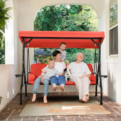 3 Seat Porch Swing W/Adjustable Canopy, Convertible Patio Swings Bed with Stand and Upgraded Cup Holder, Thicken Cushions＆Pillow