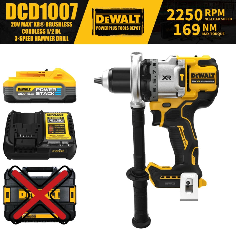 DEWALT DCD1007 Brushless Cordless 1/2 in. 3-Speed Hammer Drill 20V Power Tools 169NM With Battery Charger