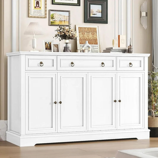 White Buffet Sideboard Cabinet - Large Kitchen Storage w/ 4 Doors & 3 Drawers, Farmhouse Style Dining Room Credenza