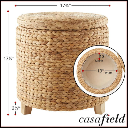 17" Round Storage Ottoman with Lid - Natural, Handwoven Water Hyacinth Footstool for Living Room