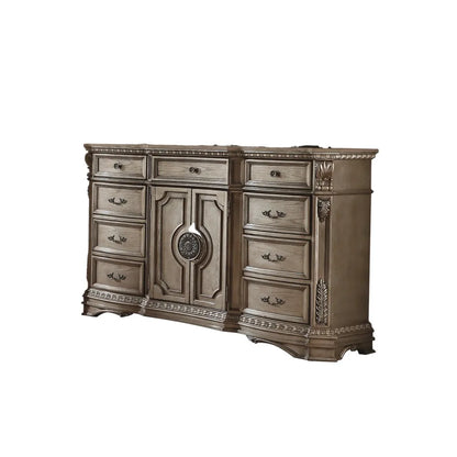 Dresser (WOOD TOP) in Antique Silver European Style Dressing Table American Bedroom Vanity Mirror Solid Carved