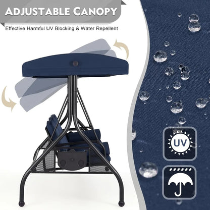 3 Seat Porch Swing W/Adjustable Canopy, Convertible Patio Swings Bed with Stand and Upgraded Cup Holder, Thicken Cushions＆Pillow