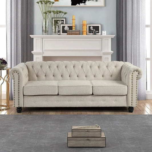 24'' Deep Seat Sofas Couches Pet-Friendly Linen Chesterfield Tufted Sofas, Beige