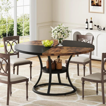 47 inch Wood Dining Room Table with Storage Shelf, Farmhouse Kitchen Table with Metal Base