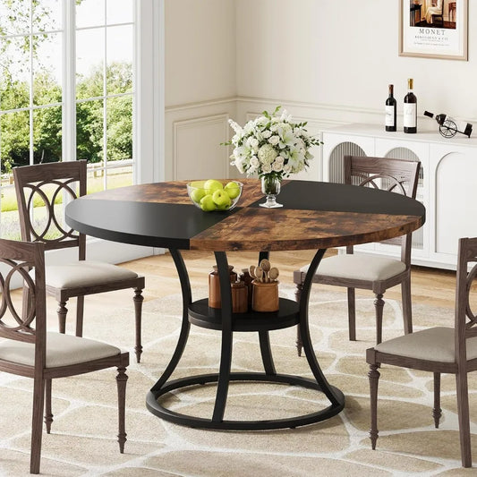 47 inch Wood Dining Room Table with Storage Shelf, Farmhouse Kitchen Table with Metal Base