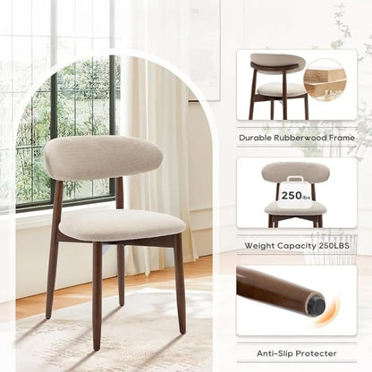 Wooden Dining Chairs Set of 4, Modern Fabric Upholstered Kitchen Side Chairs, Farmhouse Dining Room Chair with Foot Pegs, Beige