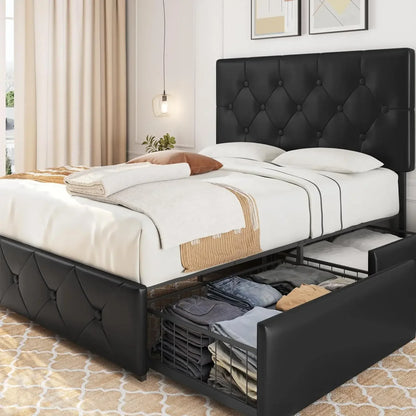 Faux Leather Platform Bed with Mattress Foundation and 4 Drawers