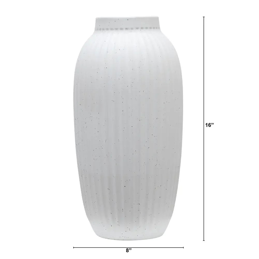 Indoor Speckled White Ribbed Ceramic Vase 16" Stand Alone