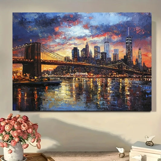 framed modern canvas print poster, cityscape New York City skyline canvas wall art, 1.5 "thick pine solid wood frame