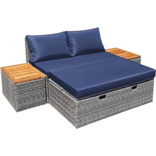 Patio Daybed Set Multifunctional Rattan Lounge Bed with 2 Side Tables for Backyard Porch
