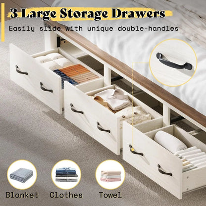 Extra large bed frame with 54 inch high headboard, equipped with storage drawers, wooden support, no need for box springs