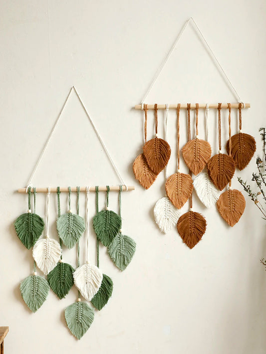 Boho Leaf Macrame Tapestry Brown Green Wall Tapestry