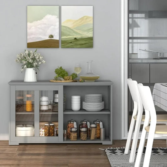 Buffet Sideboard with Storage, with Sliding Tempered Glass Cabinet & Adjustable Shelf, Stackable Storage
