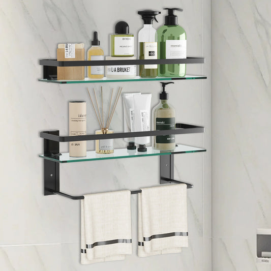 Glass Bathroom Shelf with Towel Bar 15.7in