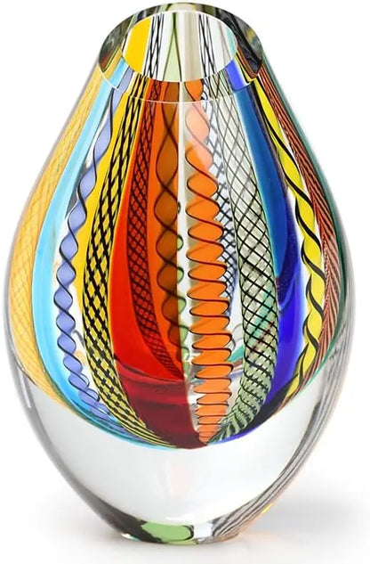 Drop Glass Vase Twisted Hippie Blue/Green Canes Hand Blown Murano-Style Art Glass