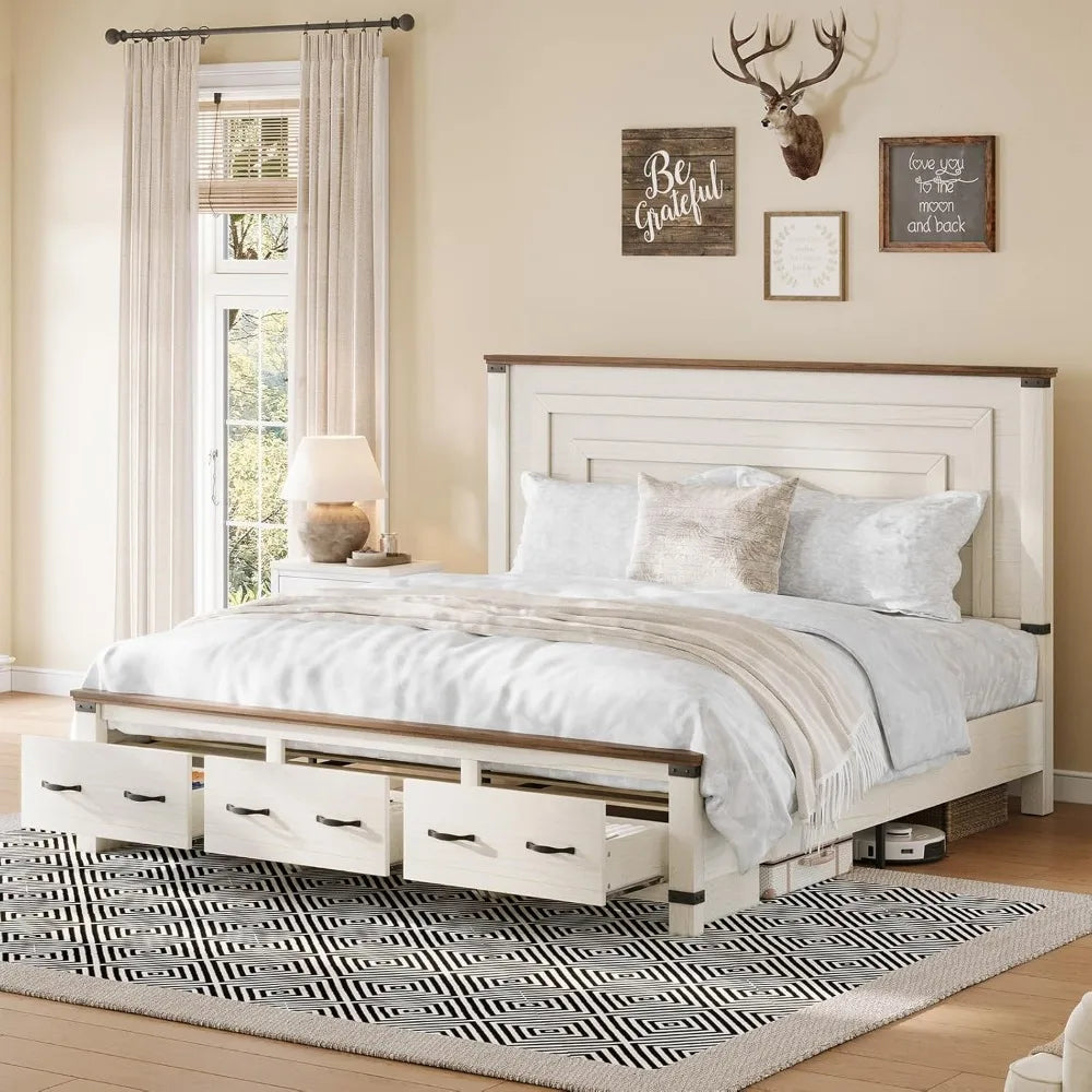 Extra large bed frame with 54 inch high headboard, equipped with storage drawers, wooden support, no need for box springs