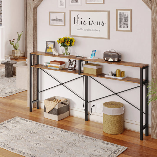 Console Table with Power Outlet, Long Sofa Table with Shelves and X-Shaped Design