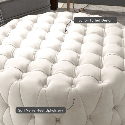 Button Tufted Ottoman Foot Stool with Velvet-feel Upholstery, Beige