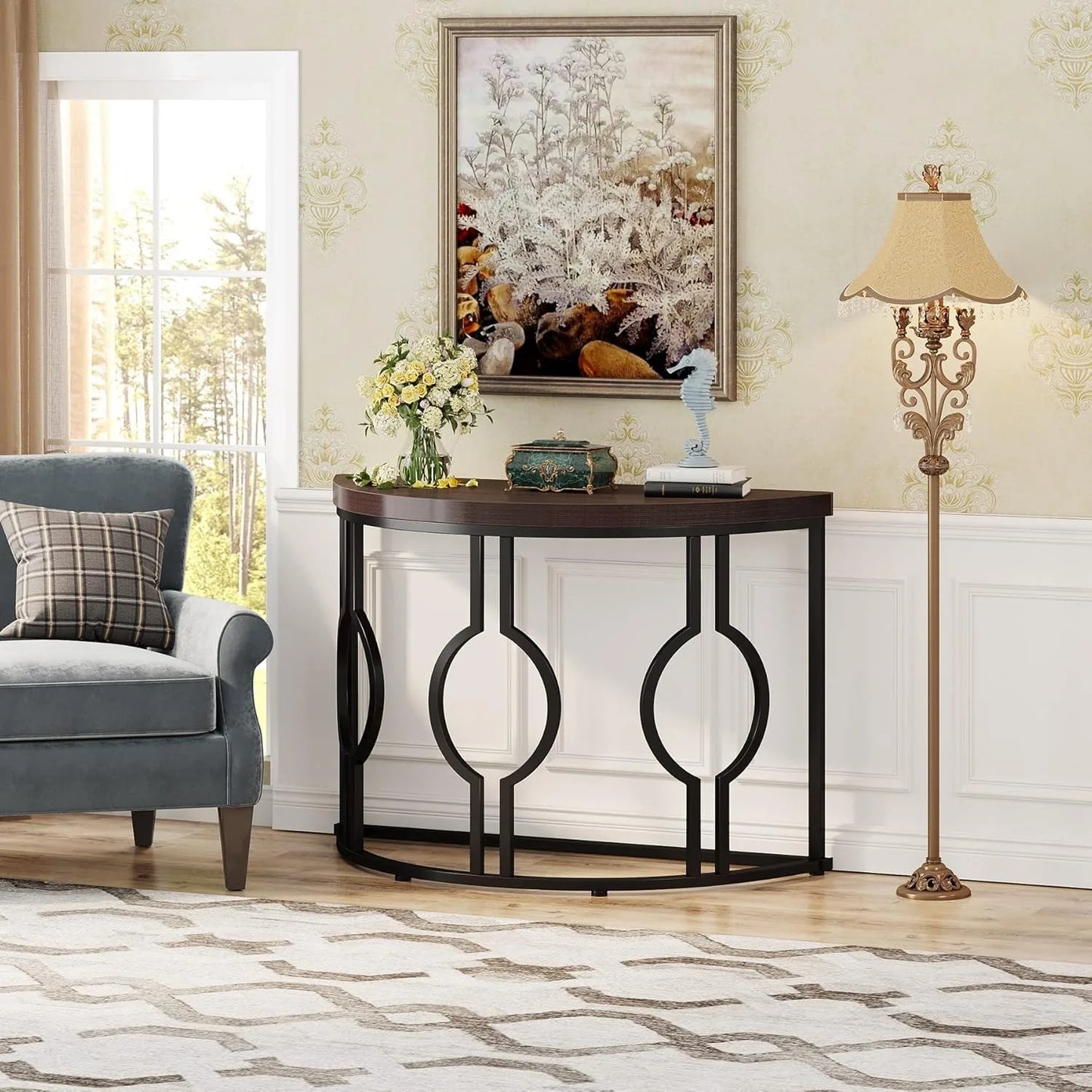 Industrial Semi Circle Sofa Table for Living Room, Hallway, Foyer, Rustic Brown