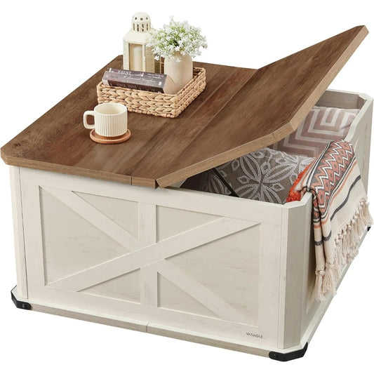 Farmhouse Coffee Table with Storage, Square Coffee Table for Living Room with Flip-Top Lids, Honey Brown and Rust