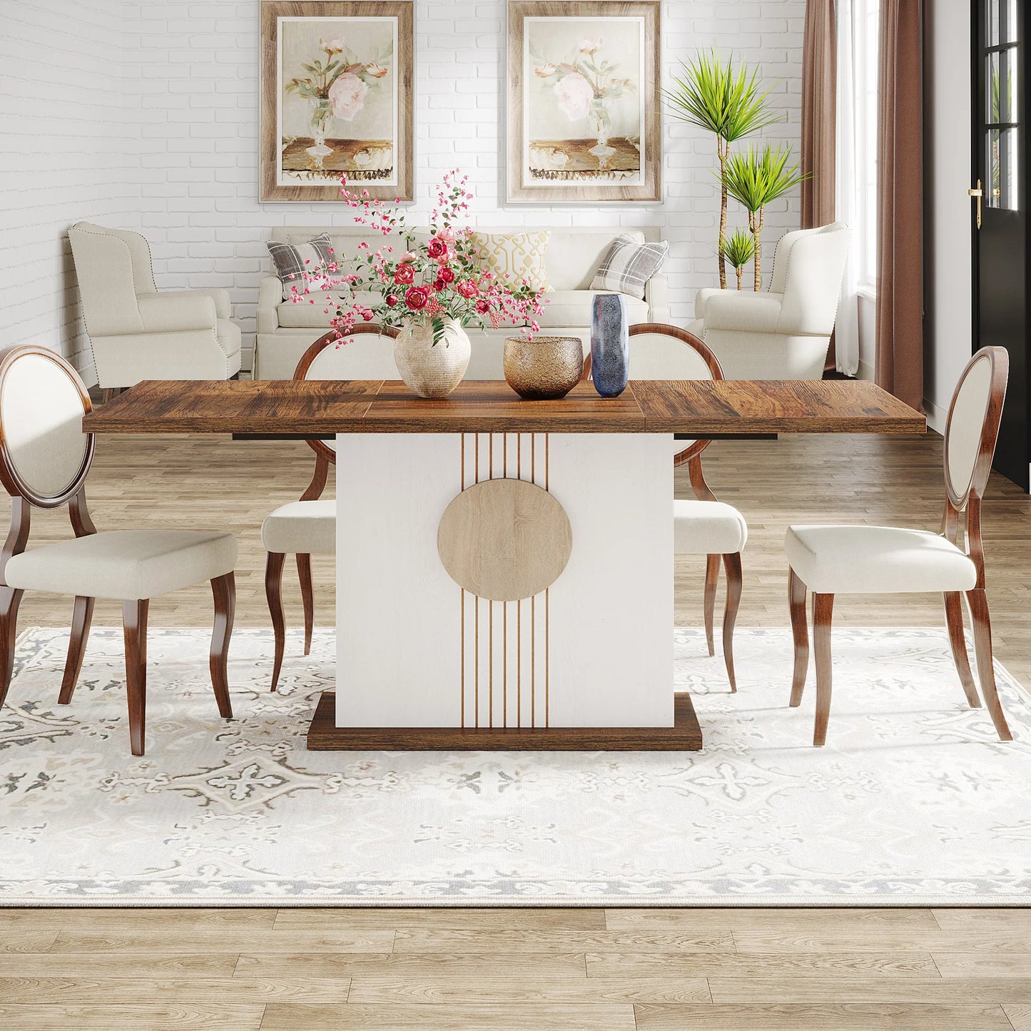 55" Rectangular Dining Table for 4 to 6 People, Farmhouse Wood Dinner Table for Kitchen, Dining Room & Living Room