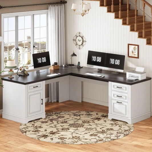 Farmhouse 69" Executive L Shaped Desk, Home Office Desk with Drawers and Storage Cabinet & Power Outlet