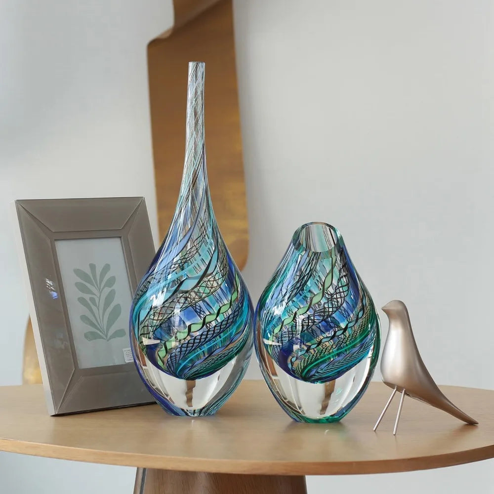Drop Glass Vase Twisted Hippie Blue/Green Canes Hand Blown Murano-Style Art Glass