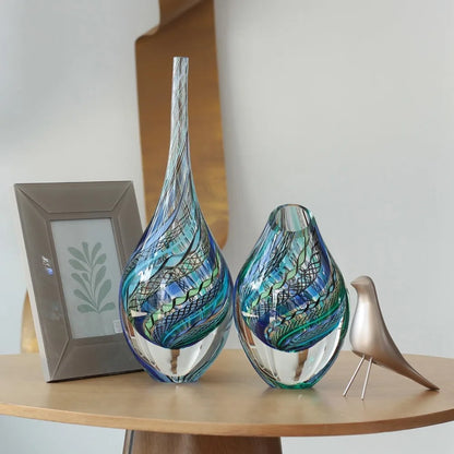 Drop Glass Vase Twisted Hippie Blue/Green Canes Hand Blown Murano-Style Art Glass