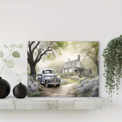 1.5 "chunky wood pine frame, interior decorative art, country farmhouse wood frame art, old truck and barn landscape paintings