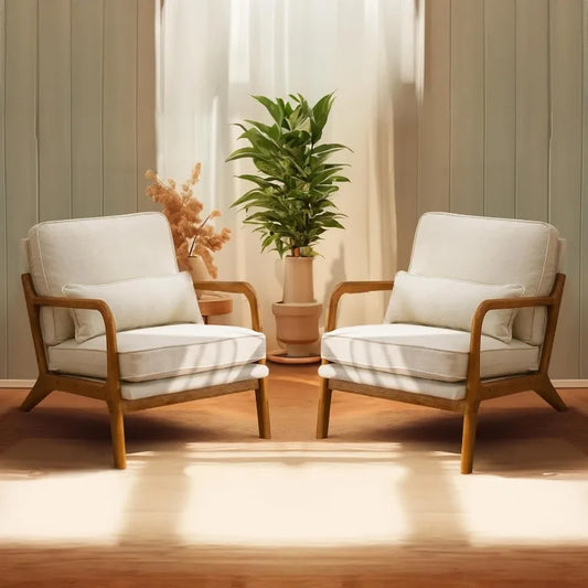 Beige Accent Chairs Set of 2, Upholstered Mid Century Modern Lounge Fabric Chairs