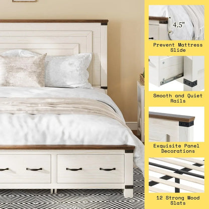 Extra large bed frame with 54 inch high headboard, equipped with storage drawers, wooden support, no need for box springs