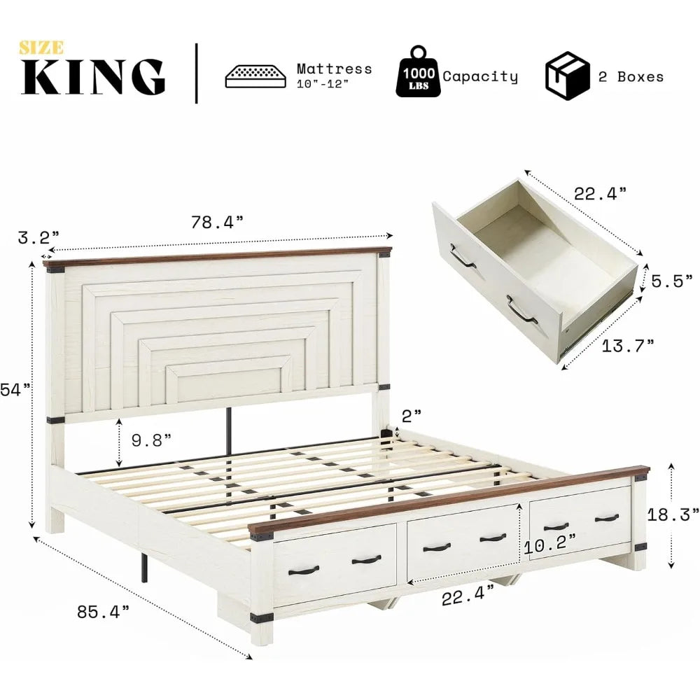 Extra large bed frame with 54 inch high headboard, equipped with storage drawers, wooden support, no need for box springs