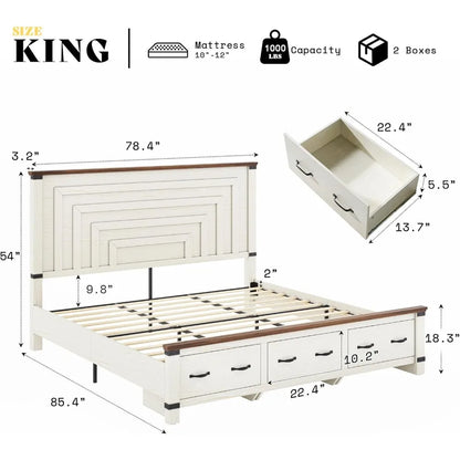 Extra large bed frame with 54 inch high headboard, equipped with storage drawers, wooden support, no need for box springs