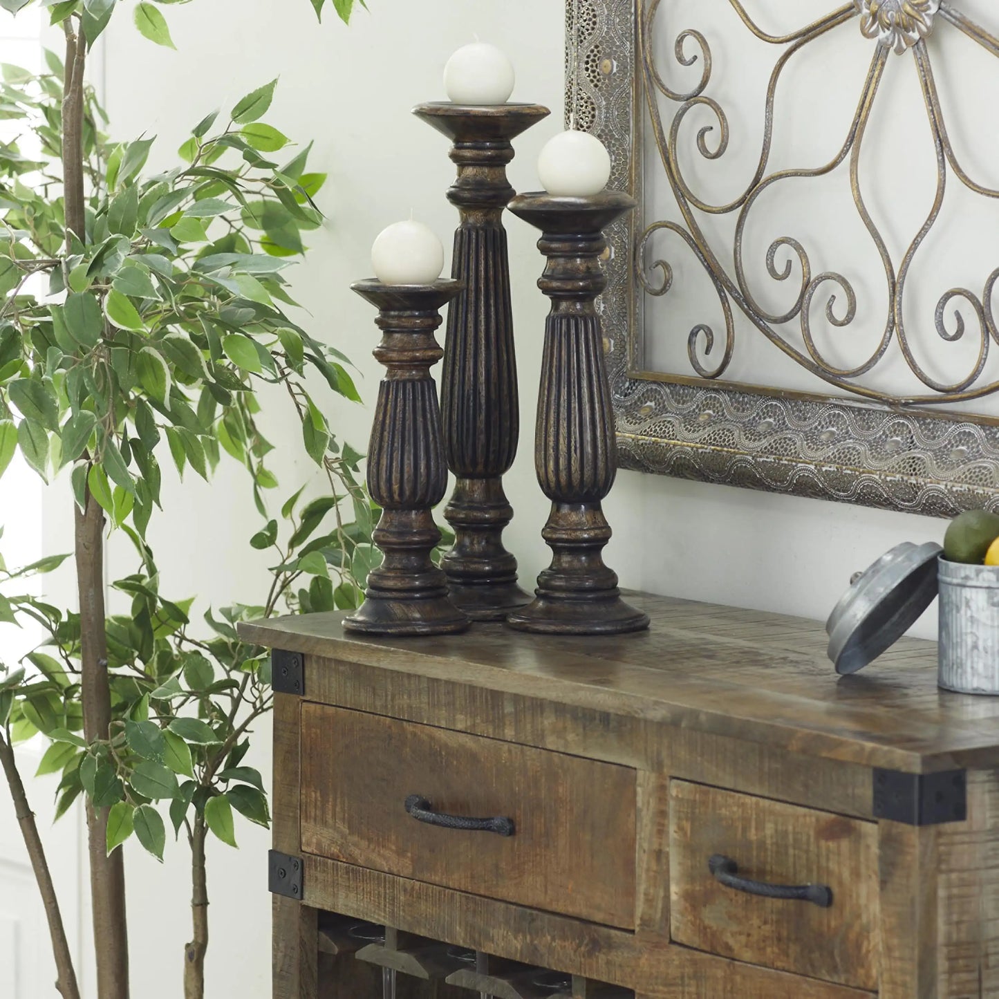 Candle Dark Brown Mango Wood Candle Holder, Set of 3