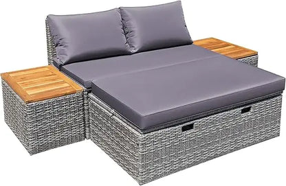 Patio Daybed Set Multifunctional Rattan Lounge Bed with 2 Side Tables for Backyard Porch