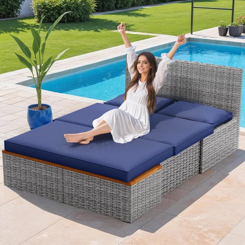 Patio Daybed Set Multifunctional Rattan Lounge Bed with 2 Side Tables for Backyard Porch