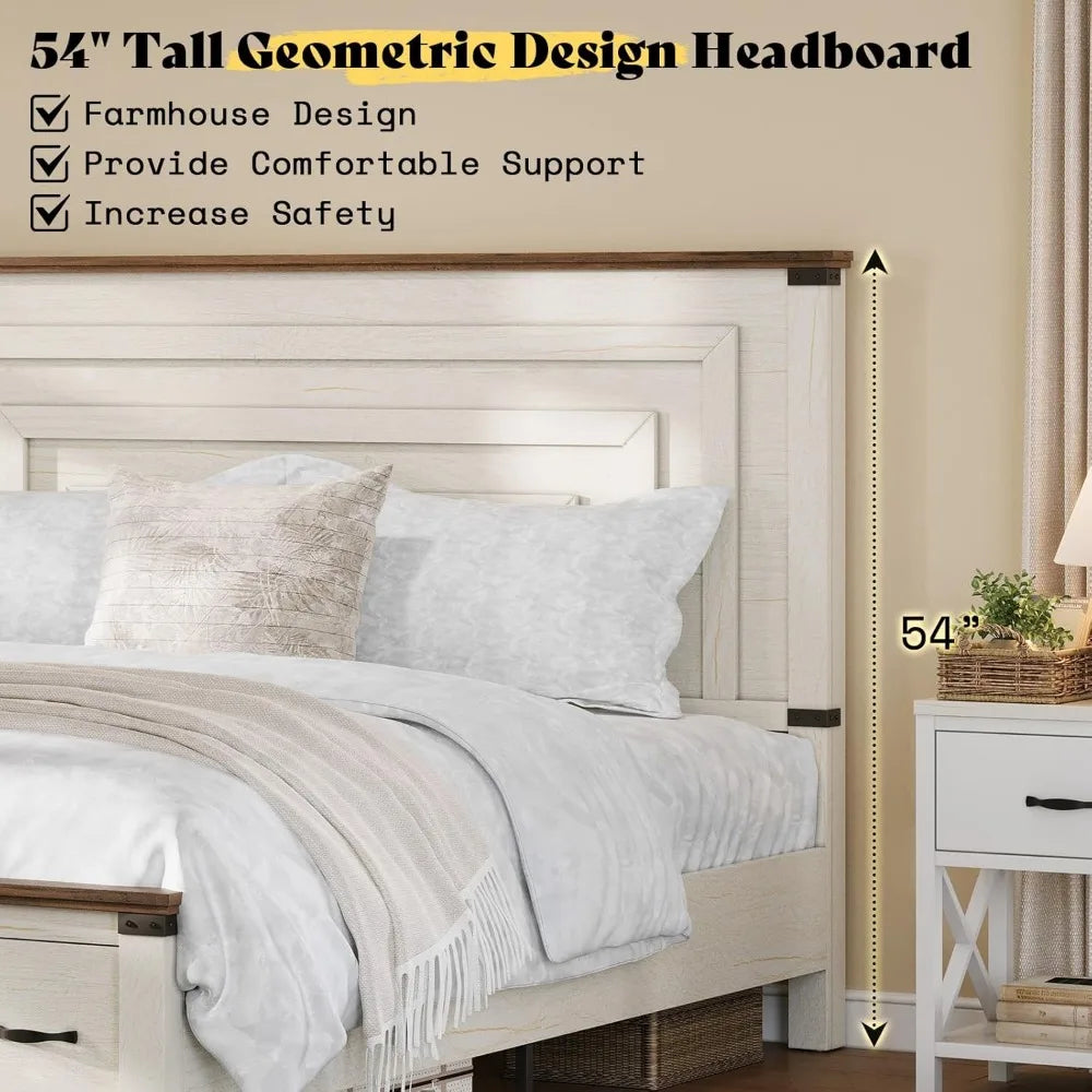 Extra large bed frame with 54 inch high headboard, equipped with storage drawers, wooden support, no need for box springs