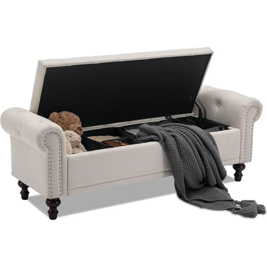 58.1'' Storage Bench Upholstered Linen, End of Bedroom Bed Bench, Ottoman with Tufted Cushion Rolled Arm Large Storage Space