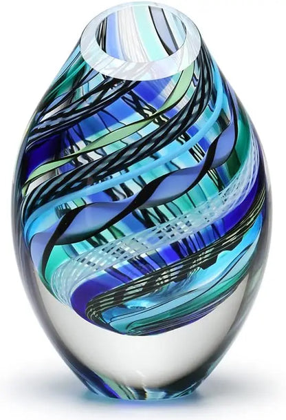 Drop Glass Vase Twisted Hippie Blue/Green Canes Hand Blown Murano-Style Art Glass