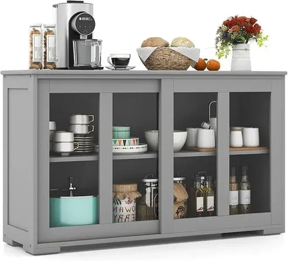 Buffet Sideboard with Storage, with Sliding Tempered Glass Cabinet & Adjustable Shelf, Stackable Storage