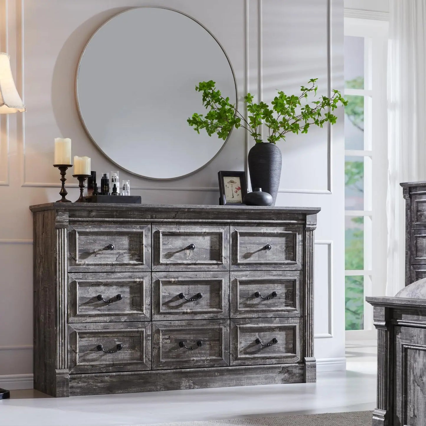 Farmhouse 9 level dresser, 55" large Roman column chest of drawers, bedroom, hallway, living room, storage dresser