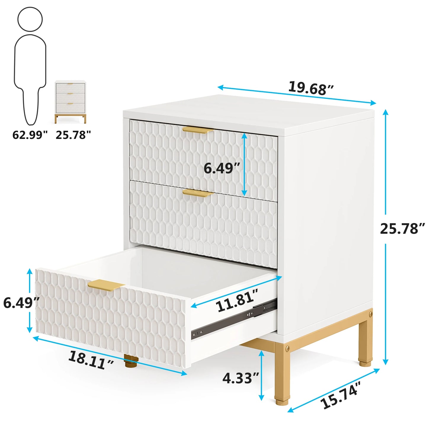 Nightstand, 65.5 cm Tall Bedside Table with 3 Drawers, Contemporary End Side Table with Storage