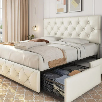 Faux Leather Platform Bed with Mattress Foundation and 4 Drawers