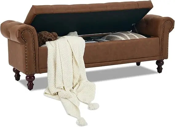 58.1'' Storage Bench Upholstered Linen, End of Bedroom Bed Bench, Ottoman with Tufted Cushion Rolled Arm Large Storage Space