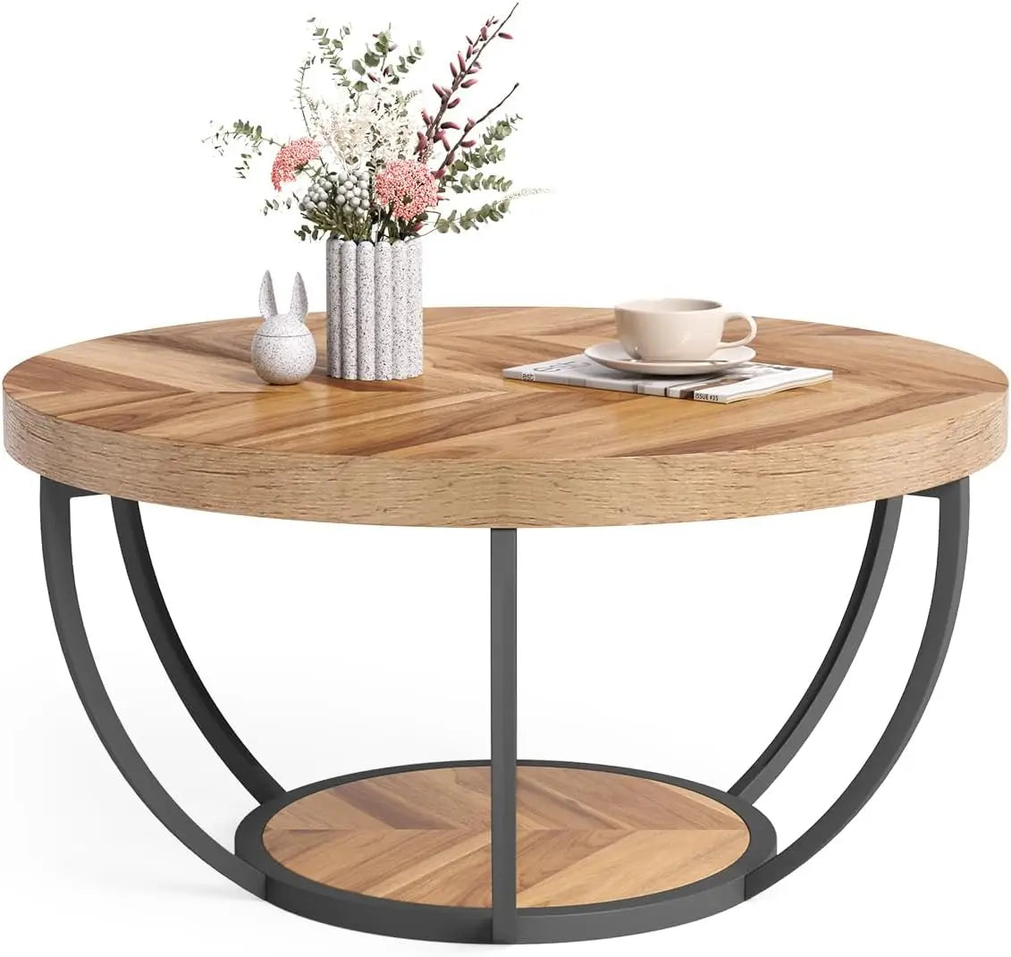 32" Circle Marble Coffee Tables, 2-Tier Golden Metal Legs Accent Center Table with Open Storage